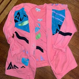 Vintage puff paint neon hot pink silver glitter bedazzled shirt set 90s retro